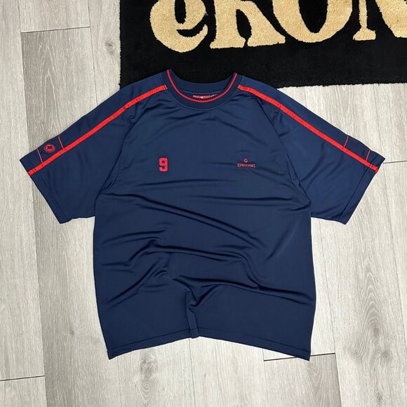 Vintage Spalding #9 Men's Navy Blue/Red Athletic Jersey T-Shirt - Size Large - Picture 1 of 5